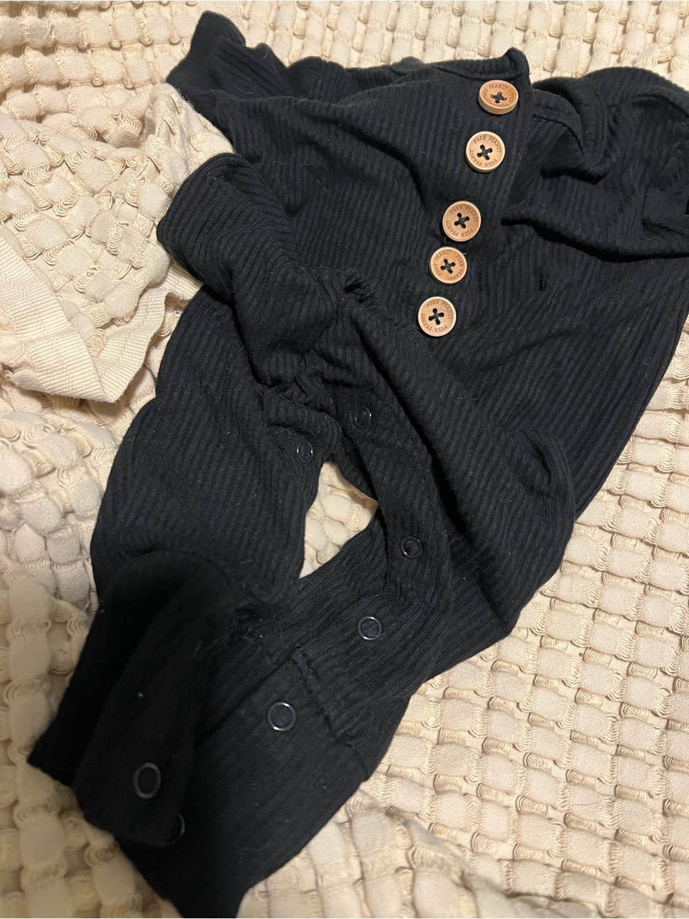 Posh Peanut Black Ribbed Jumpsuit with Wood-Style Buttons